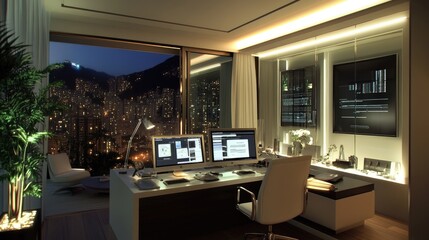 Modern Office with City Skyline at Night