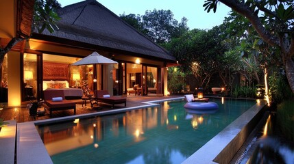 Serene Tropical Villa with Pool at Dusk