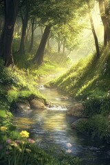Obraz premium Serene Forest Stream: Sunlight Bathes Lush Greenery
