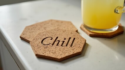 Stylish Chill cork coaster on kitchen island with lemonade pitcher
