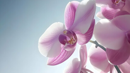 Obraz premium A close-up of a delicate pink orchid flower against a soft background.