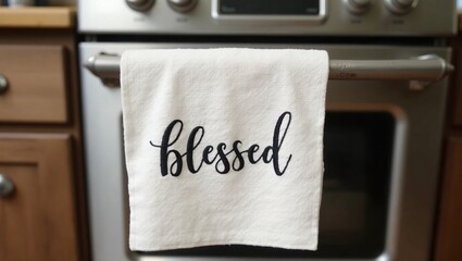 Blessed embroidered on white kitchen towel hanging on rustic oven handle