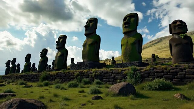 easterRow of moai statues amidst green grass under a bright sky, symbolizing nature's blend with historical heritage Island