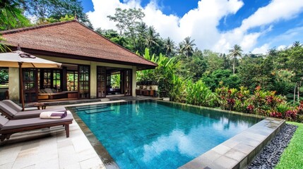 Fototapeta premium Serene Luxury Villa with Outdoor Pool in Tropical Setting