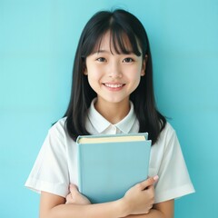 Obraz premium a young girl with a cheerful expression, wearing a white shirt, holding a blue book against a vibrant blue background.