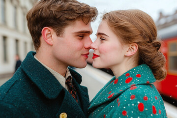 emotional wartime goodbye kiss at train station, 1940s period clothing, documentary style 