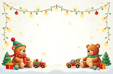 Obraz premium frame for text made from colourful kids toys, teddy bears, toy cars, balls, cubes, with golden garland lights