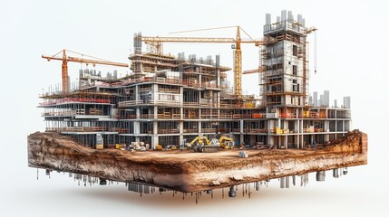 3d Building construction site with cranes, scaffolding, and scattered building materials, floating ground, isolated on a white background