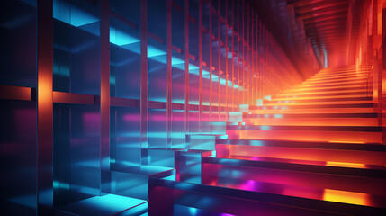 Fototapeta premium Futuristic gradient staircase with vibrant neon lights in abstract corridor