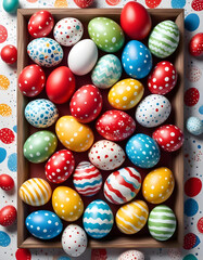 Fototapeta premium colorful Easter eggs, Watercolor cute a basket of easter eggs isolated on white, image of a beautifully crafted Easter basket with vibrant, colorful hand-painted Easter eggs, 