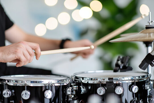 a percussion lesson with electronic drum kit, modern studio setting