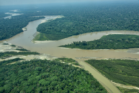 flying over manu river on Tambopata natural reserve. Madre de Dios Peru.