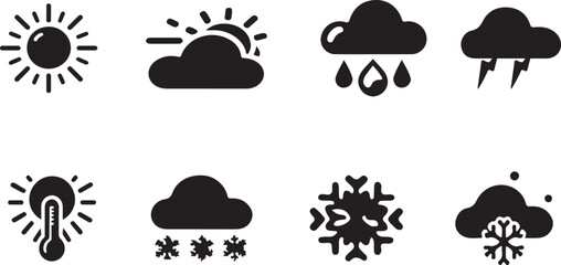 Weather icon illustration on white background. Contains sun, cloud, rain, summer, spring, cloudy season and thunder, black weather icon