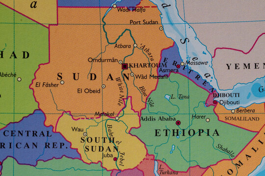 Political map of Eastern Africa focused on Sudan, South Sudan, Ethiopia, and Eritrea.