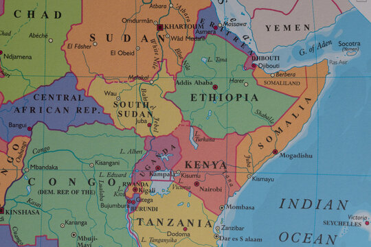 Political map of Eastern Africa featuring the countries of Somalia, Ethiopia, Kenya, Uganda, South Sudan, Sudan, Congo, Eritrea, and Djibouti.