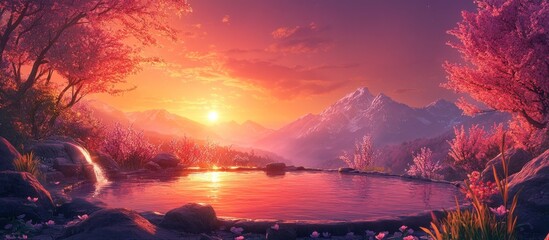 A picturesque landscape with a serene lake at sunset, framed by vibrant pink trees and majestic mountains.