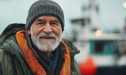 Senior fisherman holding a fresh salmon at harbor. Generative AI image