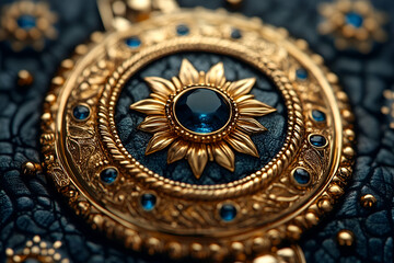 Fototapeta premium A detailed, elegant gold ornament features a central dark gem surrounded by a floral design and small blue stones on a textured dark background.