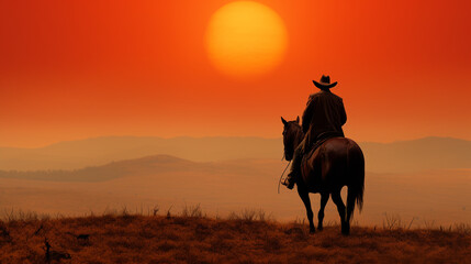 Cowboy on horseback silhouetted against a vibrant orange sunset in open plains