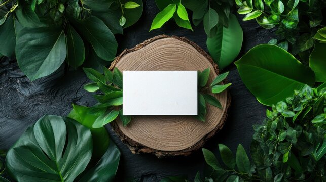 A nature-inspired business card mockup is displayed on a wooden board with green foliage
