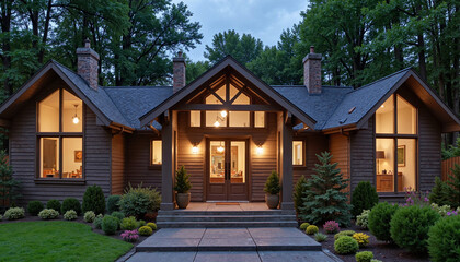 Cozy modern house exterior surrounded by trees at dusk