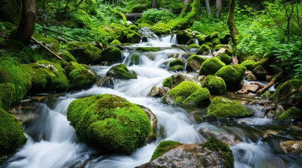 A serene forest stream flowing through moss-covered rocks and vibrant greenery, Nature setting with tranquility, Serene style