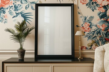 A black frame mockup on a beige sideboard, tilted. Viewed from side angle, window reflection in frame mockup, blank white mockup, beige wall with floral mural, a small potted palm, a beige upholstered