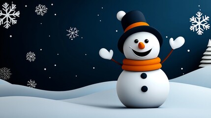 Fototapeta premium Cheerful Snowman in Winter Wonderland Scene