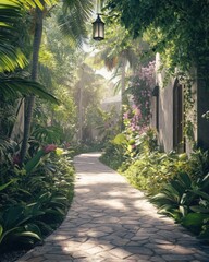 Obraz premium Tranquil villa path with lush plant decoration. Generative AI image