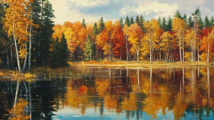 Fototapeta premium Russian Lake Reflecting Fall Colors 