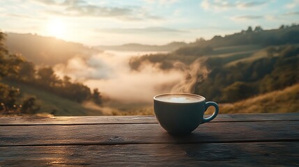 A close-up of a coffee cup on a wooden terrace with a fog-filled valley in the background. The steam from the coffee rises into the cool morning air,