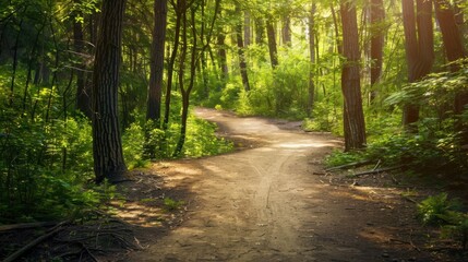 Obraz premium A serene forest with a winding path, outdoor setting with dappled sunlight, Tranquil style