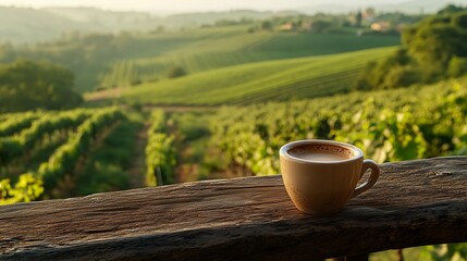 A close-up of an espresso cup on a rustic terrace overlooking vast vineyards, with the terrace railing in view. The scene captures the early morning light casting soft shadows on the lush vineyards,