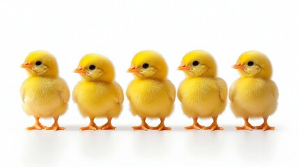 Five Cute Yellow Chicks on White Background