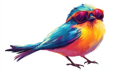 Fototapeta premium Colorful bird with sunglasses isolated on white background. Illustration for cover, card, postcard, interior design, banner, poster, brochure or presentation.