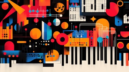 Obraz premium Abstract geometric illustration with piano keys, musical notes, and colorful shapes on a black background.