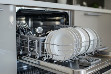 Open dishwasher showing clean plates and cutlery inside a modern and well equipped kitchen