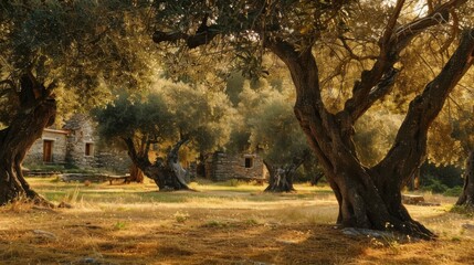 A serene Greek olive grove with ancient olive trees, golden sunlight filtering through the branches, and a rustic stone farmhouse in the distance