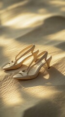 beige high-heeled sandals resting on soft sand, illuminated by natural sunlight