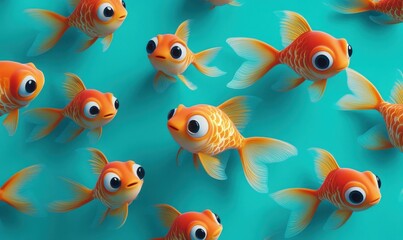 Cute cartoon goldfish with big eyes on a turquoise background. Generative AI image