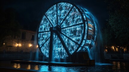 A large illuminated water wheel with water cascading down its spokes at night.