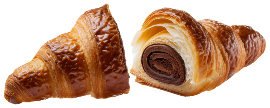 Chocolate croissant close-up hover in air, cut out, isolated transparent background, png photo. Food levitation. Tasty sweet dessert