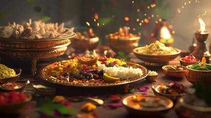 Naklejka premium Festive dishes for the holiday of Diwali, created with Generative AI technology.