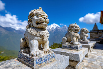 Fototapeta premium eroded temple lion sculptures, Himalayan backdrop