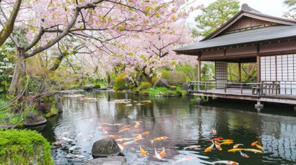 Naklejka premium A serene Japanese cherry blossom park with blooming sakura trees, a peaceful pond with koi fish, and traditional tea houses