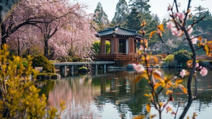 A serene Japanese cherry blossom park with blooming sakura trees, a peaceful pond with koi fish, and traditional tea houses