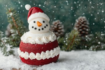 Fototapeta premium Christmas-themed red velvet cake concept. A festive red velvet cake topped with a smiling snowman wearing a Santa hat set against a snowy backdrop with pine cones