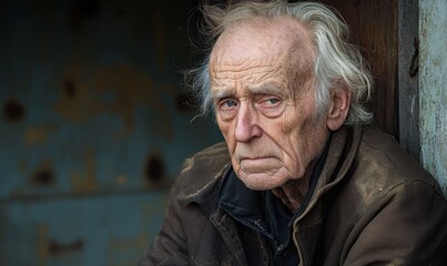 An introspective portrait of an elderly man set against an outdoors backdrop, showcasing his wisdom and rugged appearance, with tousled hair and a thoughtful gaze.