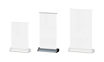 Blank vertical roll-up retractable banner stand. 3d mockup set. Pull-up roller standee. Realistic vector mock-up. White pop-up kakemono advertising display. Easy editable template