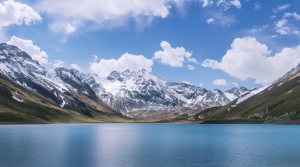A serene lake surrounded by snow-capped mountains, Alpine setting with crystal-clear waters, Majestic style